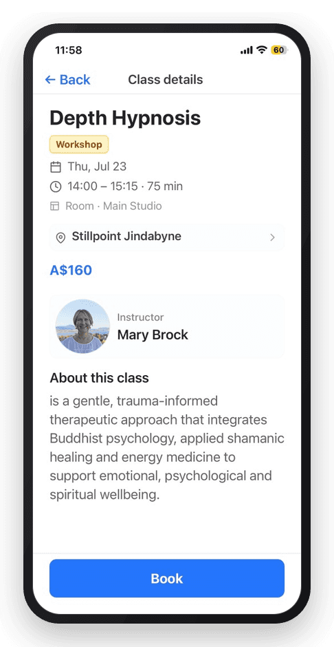 CoreBookings client app: class details and booking