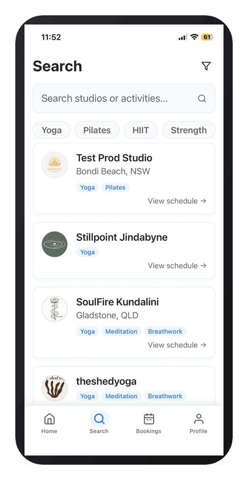 CoreBookings client app: search for studios and classes