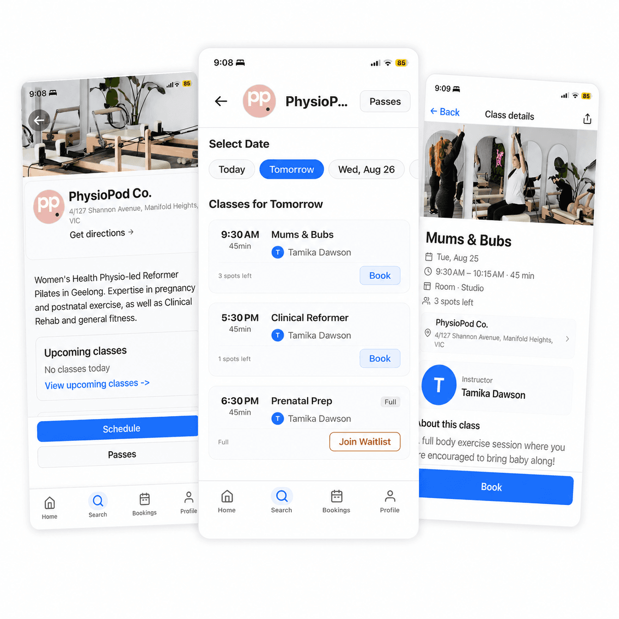 PhysioPod Co. studio, class schedule and class details in the CoreBookings app