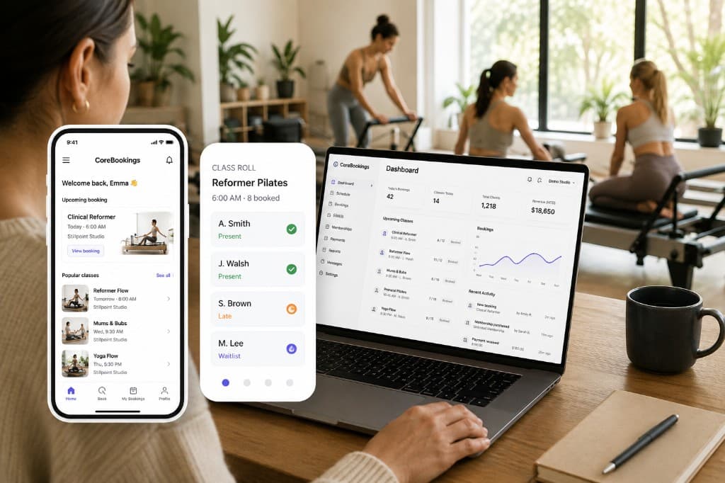 CoreBookings dashboard, client app and class roll in a studio